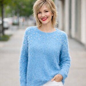 NWT - Small blue sweater. RUBY RD, pearl studded eyelash sweater Glam. Dressy
